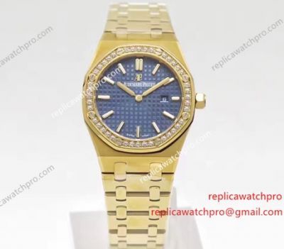 Swiss Clone Audemars Piguet Royal Oak All Gold Diamond Bezel Blue Face Watch